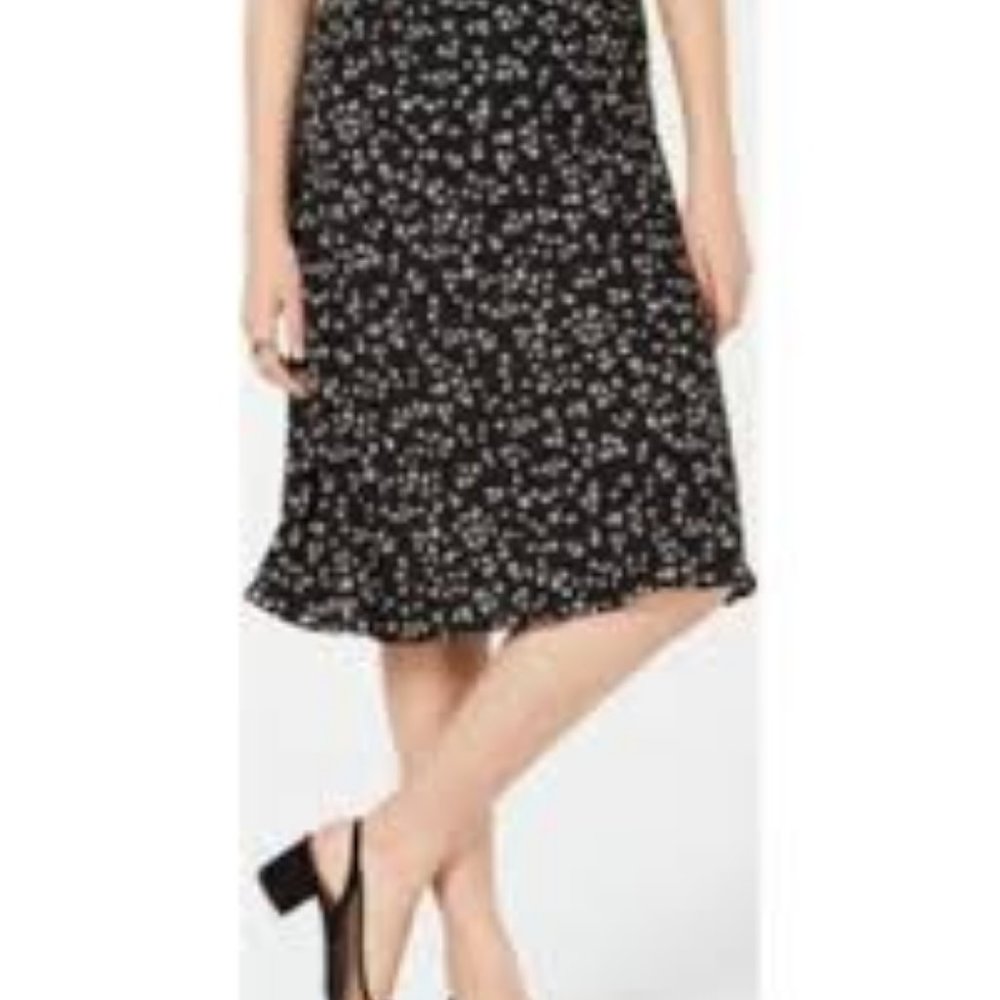 Bar III Floral-Print Midi Skirt Black
